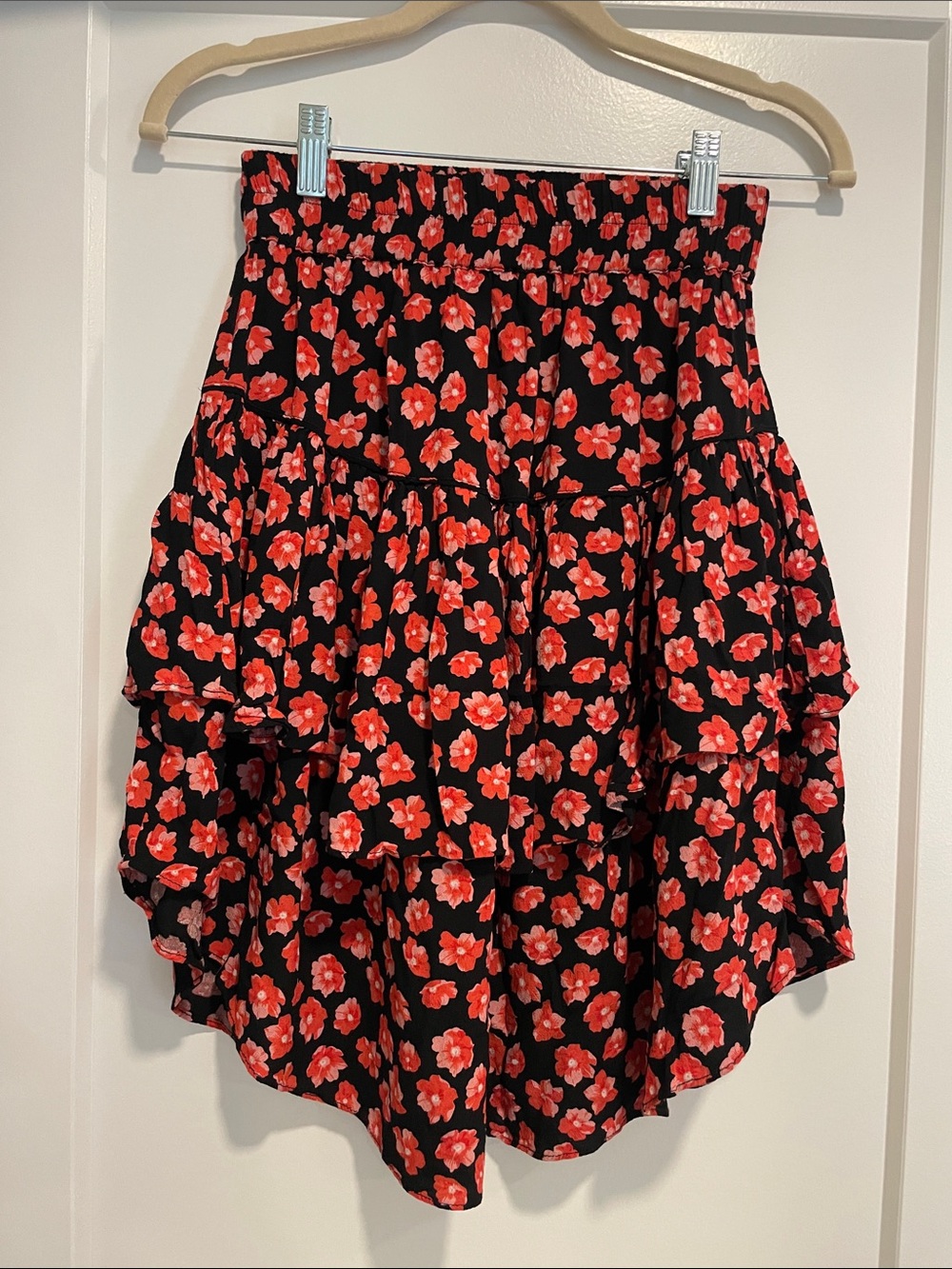 Ganni Black Tiered High-Low Skirt with Red Floral Print